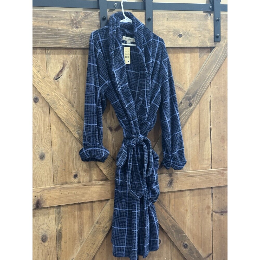 Tommy Bahama Robe Mens Sz L/XL Blue Plaid Fleece Belted Island Sleepwear New